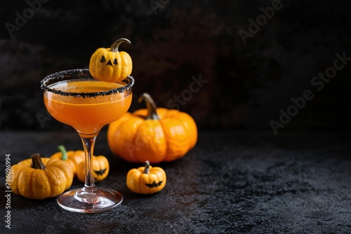 Halloween or fall cocktail pumpkintini with black rim, pumpkin martini photo