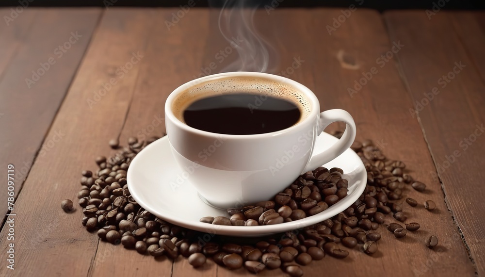 Hot Coffee cup and coffee beans roating on the wooden table Hot Coffee cup and coffee beans roating on the wooden table
