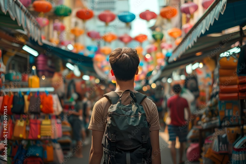a man in a backpack walks down a street surrounded by colorful paper lanterns