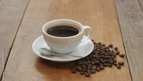 Hot Coffee cup and coffee beans roating on the wooden table