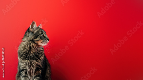 A luxurious long-haired cat turns its profile to the camera against a stunning red background, exuding nobility