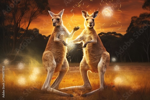 Kangaroos playing with glowing balls in an open field.