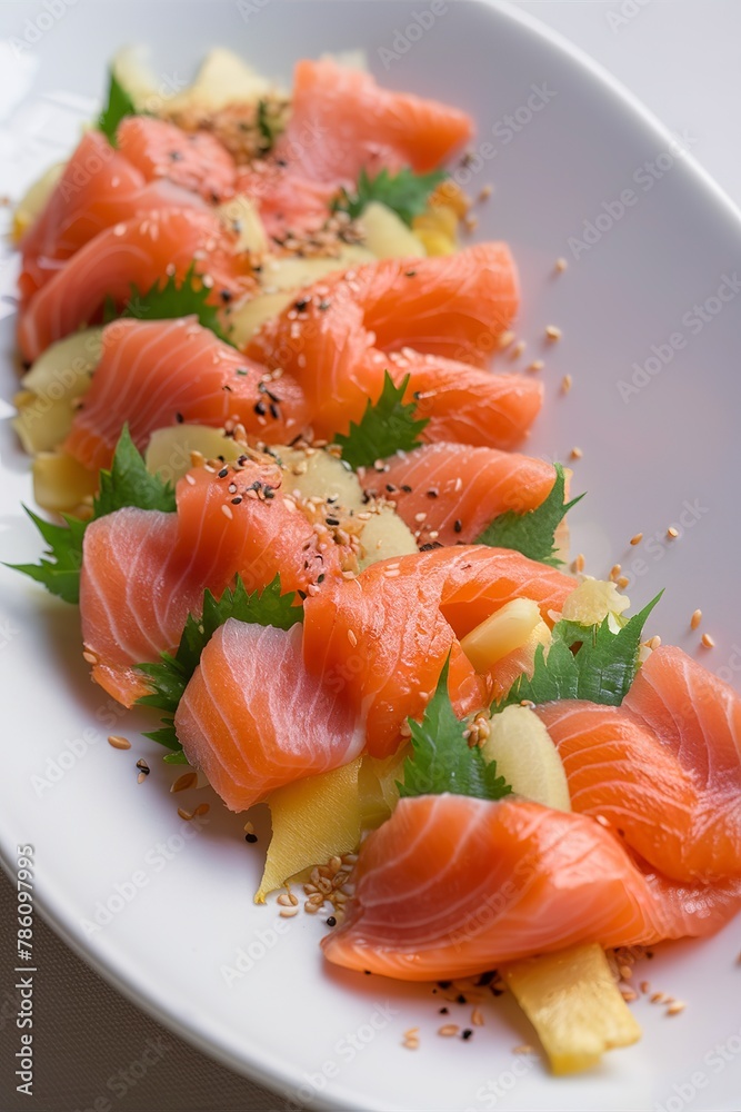 Salmon sashimi with ginger and sesame seeds Salmon sashimi with ginger and sesame seeds