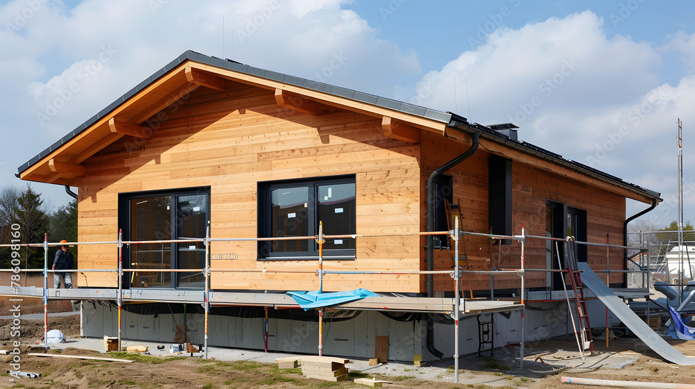 A worker paints the facade of a new wooden house