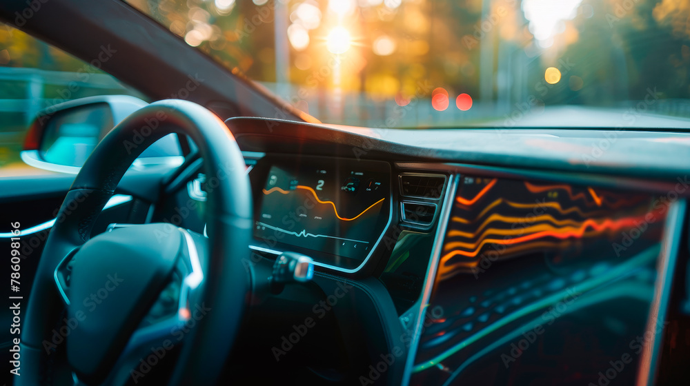 Modern and futuristic car steering wheel and touch screen. Modern and futuristic car steering wheel and touch screen.