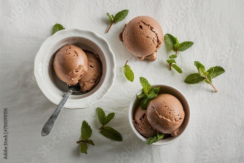 SImple chocolate ice cream in a white bowl with mint photo