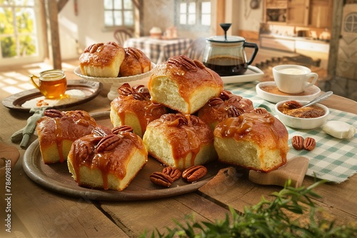Sticky pecan buns on southern breakfast table
