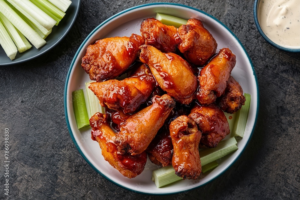 Sweet and spicy chicken wings with glaze served with celery sticks and ranch dressing Sweet and spicy chicken wings with glaze served with celery sticks and ranch dressing