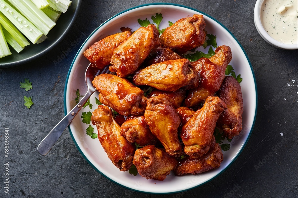 Sweet and spicy chicken wings with glaze served with celery sticks and ranch dressing Sweet and spicy chicken wings with glaze served with celery sticks and ranch dressing