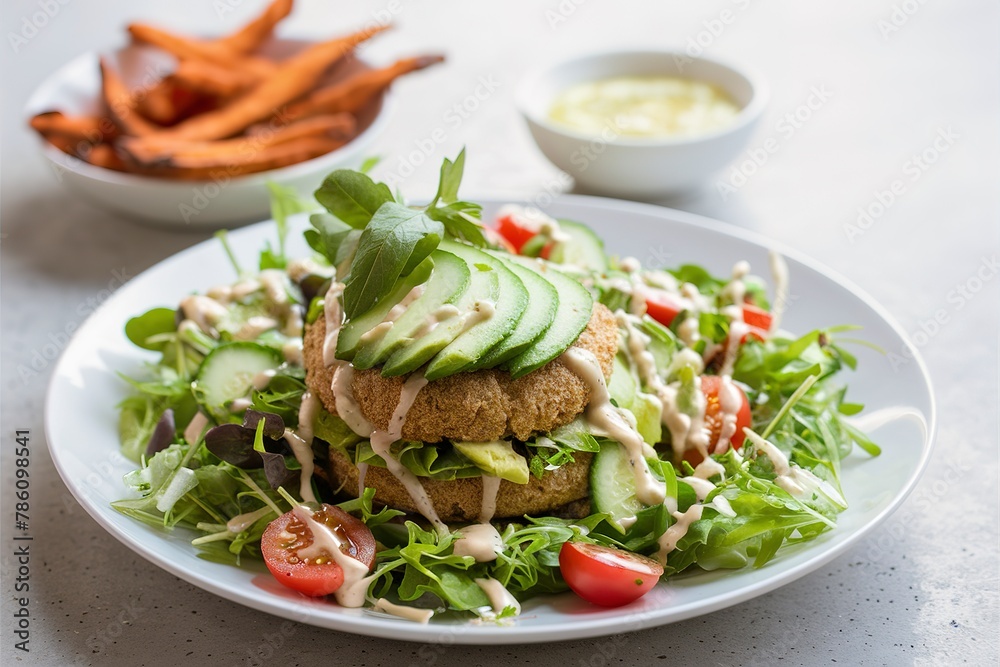 Vegan chickpeas burgers with salad on a white plate