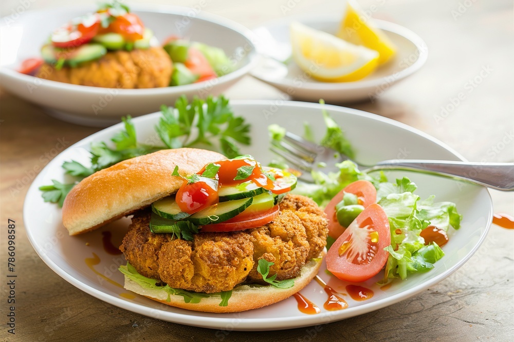 Vegan chickpeas burgers with salad on a white plate Vegan chickpeas burgers with salad on a white plate