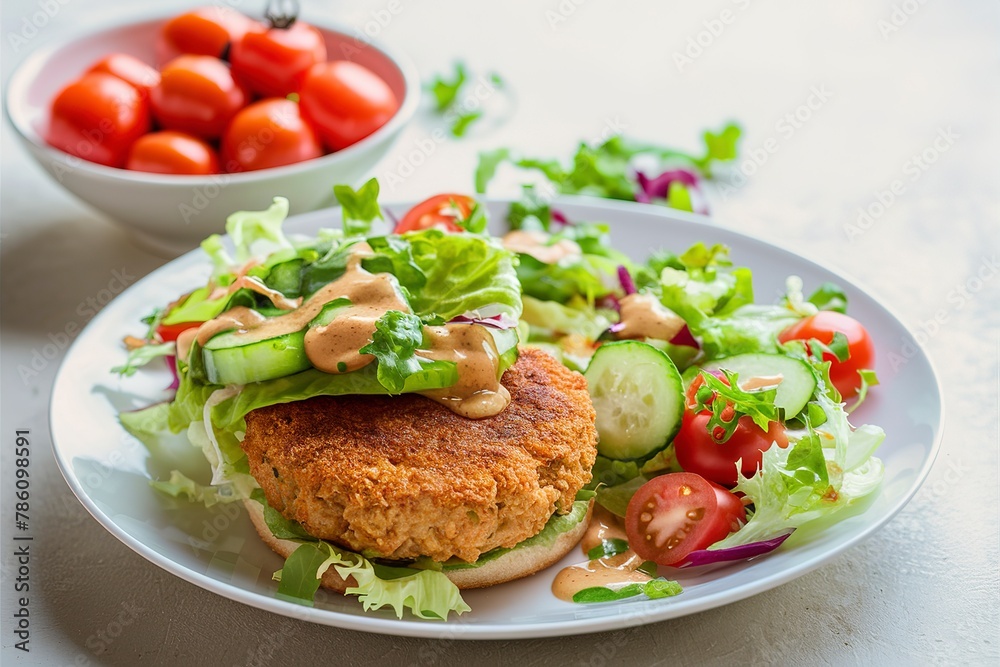 Vegan chickpeas burgers with salad on a white plate Vegan chickpeas burgers with salad on a white plate