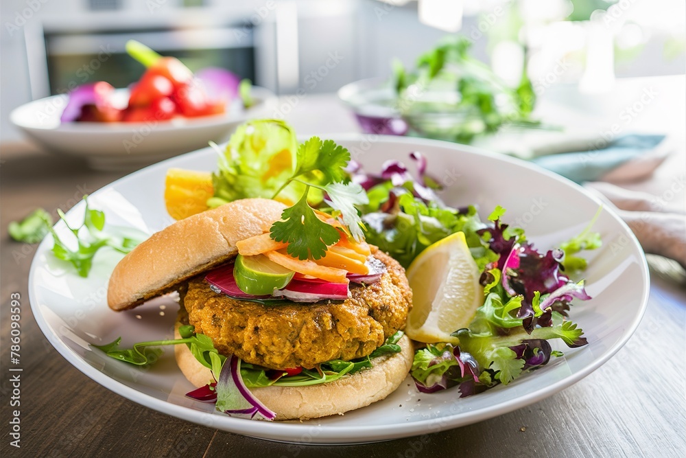 Vegan chickpeas burgers with salad on a white plate Vegan chickpeas burgers with salad on a white plate