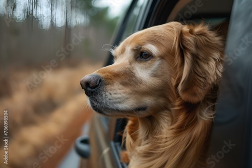 Dog gazes out a car window amidst trees  AI-generated.