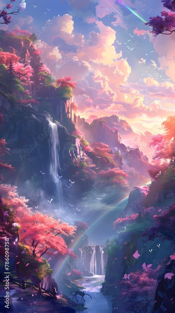 Dreamlike Pastel Valley With Cascading Waterfalls and Enchanting Creatures