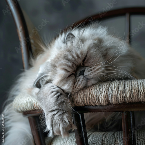 Close-up portrait of a sleeping Persian cat against the background of a home interior.