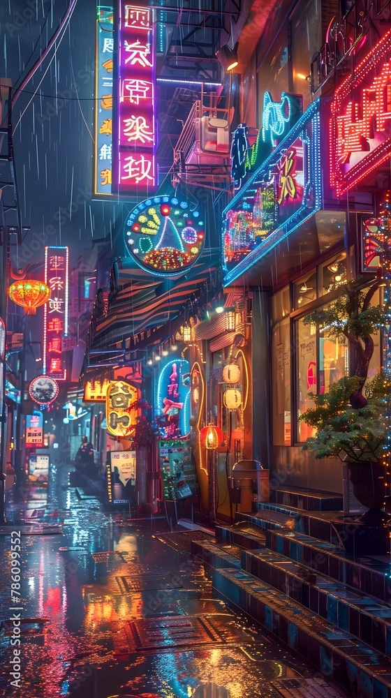 Neon Lit Alleyway in Captivating Asian Cityscape at Enchanting Night
