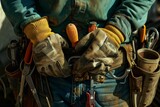 AI-generated illustration of a Close-Up of a Construction Worker's Tool Belt with Various Hand Tools