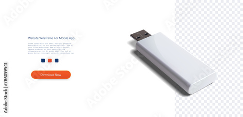 Modern USB Flash Drive Isolated on Transparent Background. Sleek white USB flash drive with a shadow effect, rendered in high detail, showcasing the simplicity of portable storage technology. Vector
