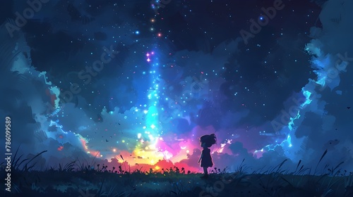 Enchanting Night Sky with Mysterious Lantern Wielding Character