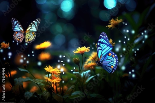 Butterflies fluttering around flowers with twinkling lights.