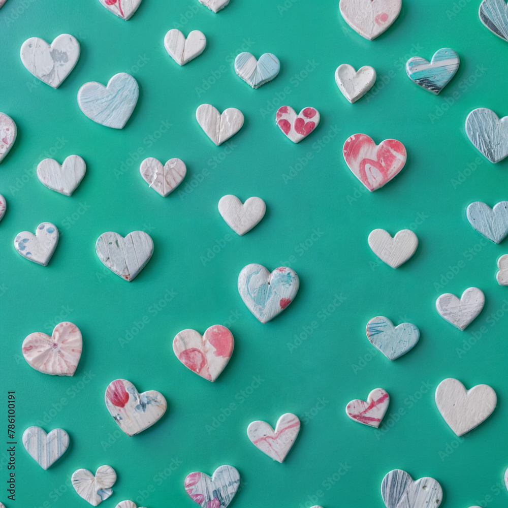 Turquoise background with small multi-colored marble hearts. Turquoise background with small multi-colored marble hearts.