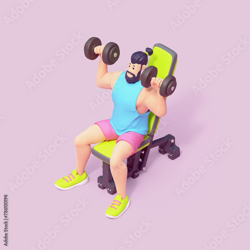Full length of young cute smiling bearded brunette man wears sportswear, pink shorts, blue tank top, green sneakers trains with dumbbells in his hands, sits on weight bench. 3d render in pastel colors