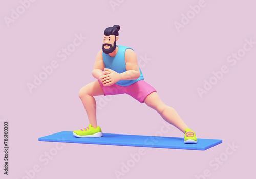 Full length of young cute smiling bearded brunette man wears sportswear, pink shorts, blue tank top, green sneakers doing dynamic warm-up exercises, side lunges on the mat. 3d render in pastel colors