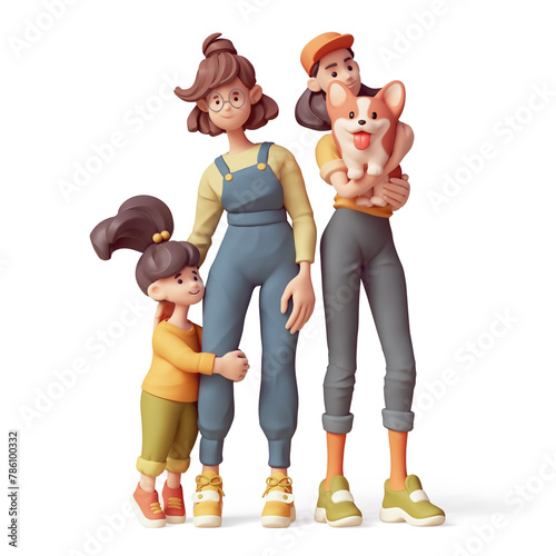 Group of happy friends together. Cute kawaii excited asian smiling child girl hugs mother's leg. Young k-pop girl in fashion casual clothes holds large fluffy corgi dog. 3d render isolated transparent
