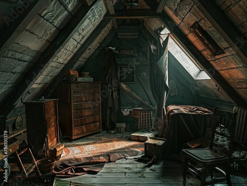 A gloomy attic filled with old dusty relics photo