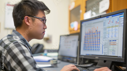 A student analyzing data on a computer for his research project. © Creator