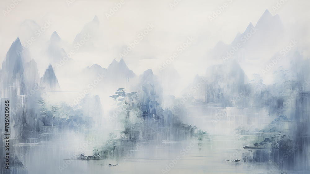 landscape art work light tones of the mountain in white and blue tones watercolor style for design