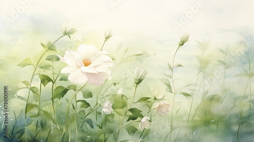 white rose among delicate greenery on a white background, watercolor art greeting card with background copy space