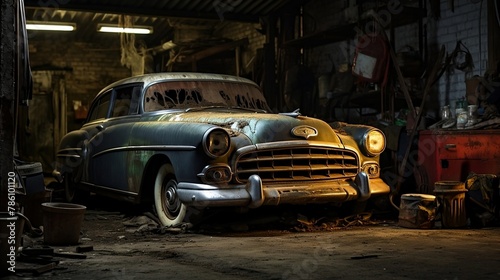 old cars are parked in an unfinished garage at night time © Wirestock