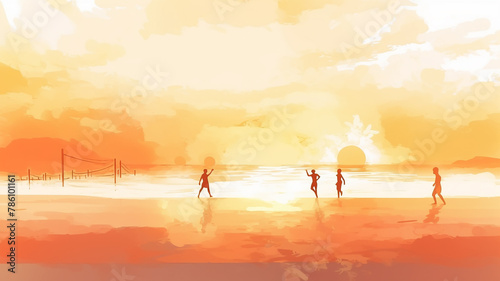 abstract summer background in orange  people on the beach  outdoor activities on the summer sea  watercolor copy space
