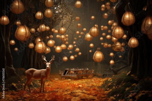 Deer prancing through a forest adorned with hanging lanterns. photo