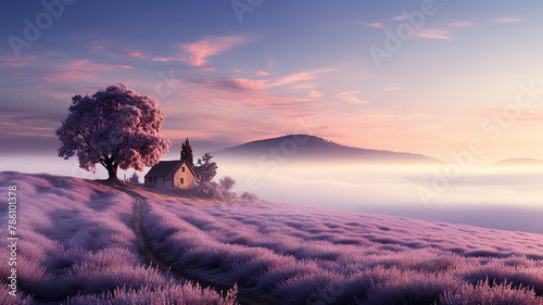 a small house in a lavender field, a beautiful spring landscape, morning in nature lavender flowers © kichigin19