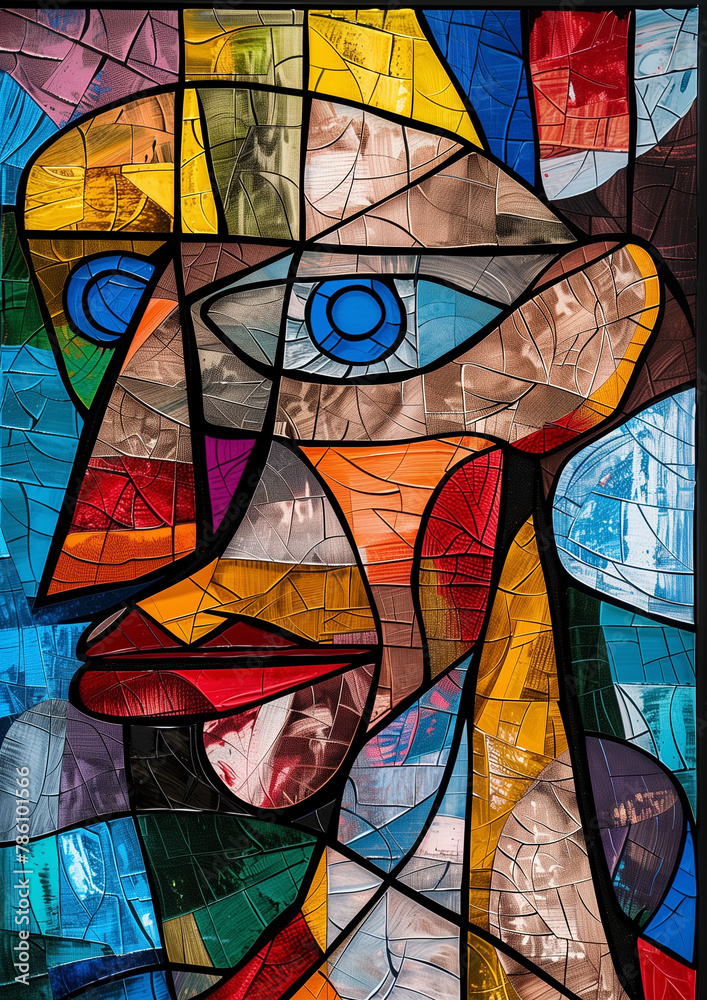 a close up of a colorful stained glass portrait on canvas