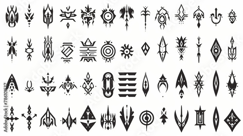 set of fictional symbols of rune icons on a white background, mystical logos and signs collection on white © kichigin19