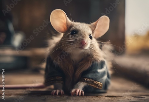 a small mouse in a sweater sitting on the ground, with its paws on a photo