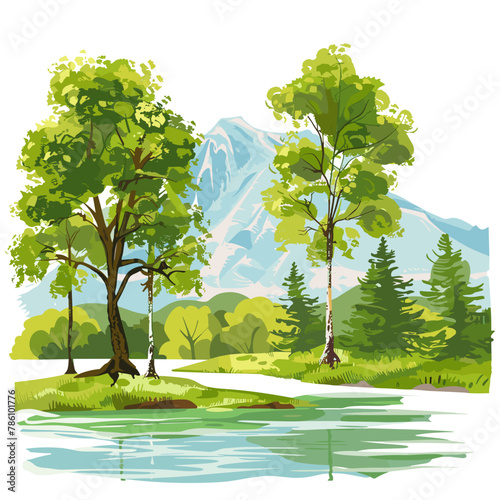 landscape with trees illustration, perspective, river in front of forest, park and outdoor decoration, mountain background