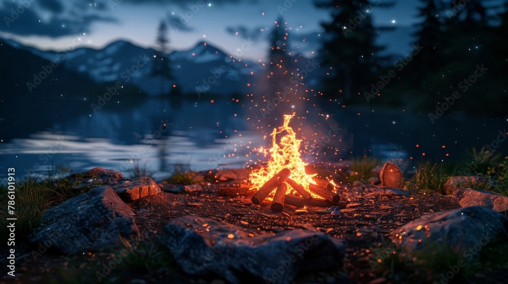 A fire is burning in front of a lake, with mountains in the background A fire is burning in front of a lake, with mountains in the background