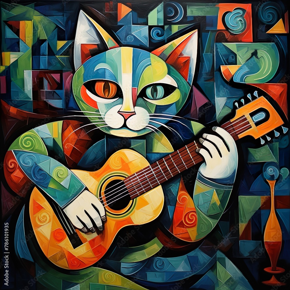 cat playing the guitar in a colorful abstract art style painting