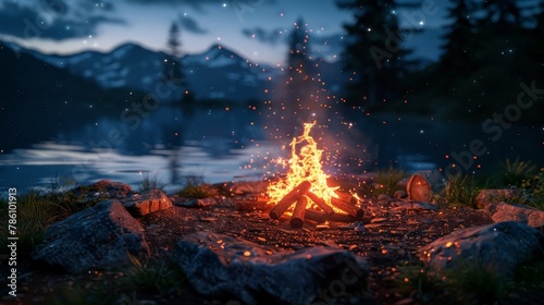 A fire is burning in front of a lake, with mountains in the background