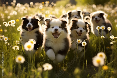 Puppies romping in a field of glowing dandelions. photo