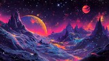 Alien landscape with planets, stars, and celestial objects, AI-generated.