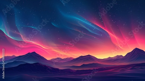 Aurora glow on horizon with mountains and stars in background, AI-generated.