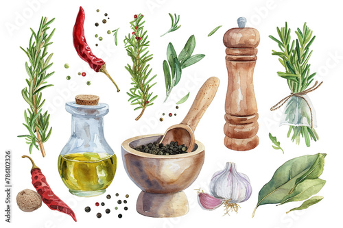 Vector hand drawn set with culinary herbs and spices. Sketch illustration. Watercolor set illustration