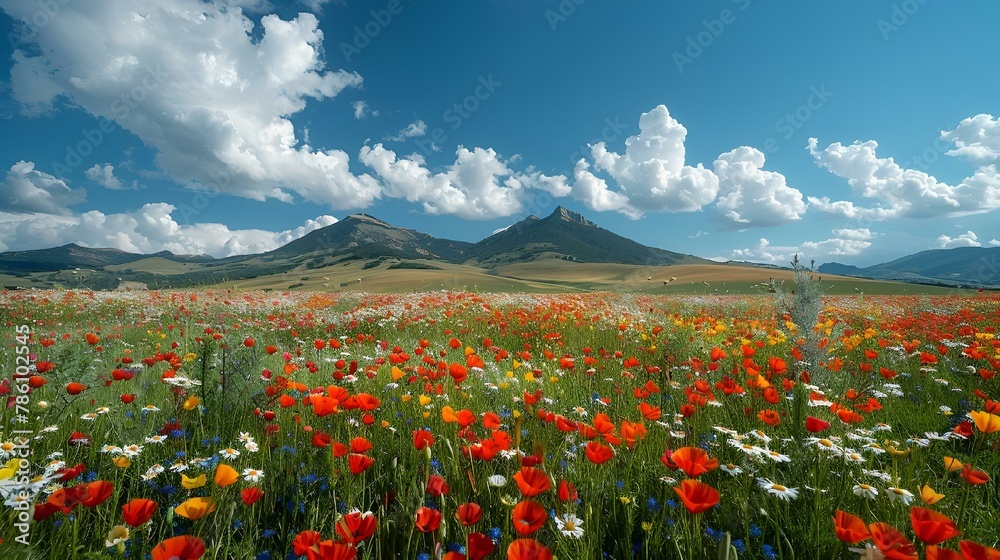 AI generated illustration of flowers and clouds in open field near mountains