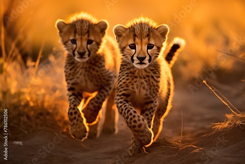 Cheetah cubs chasing each other in the glow of sunset lights.